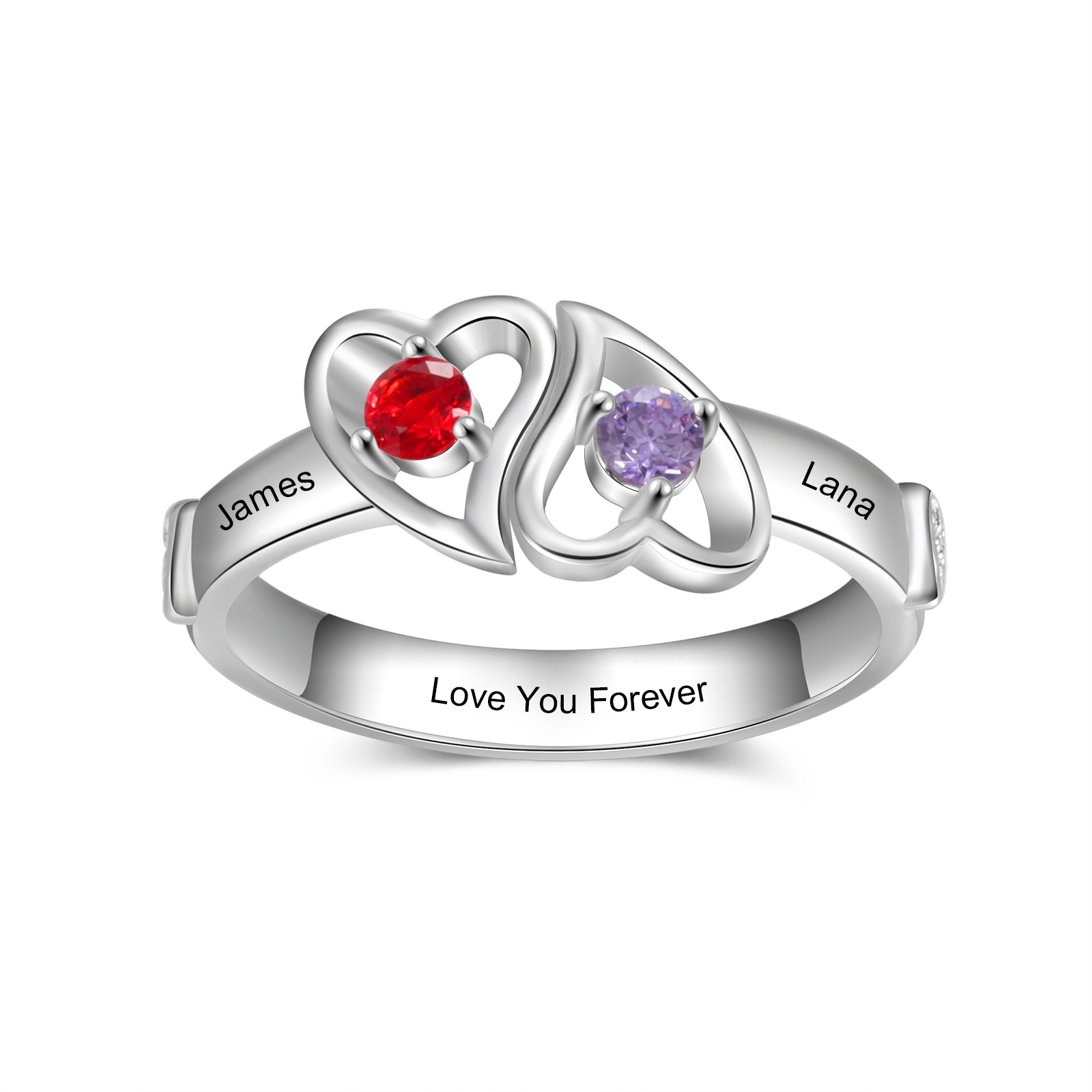 Personalised Heart Ring With 2 Birthstones Engraved Names Ring Gift For Women-Jessemade AU