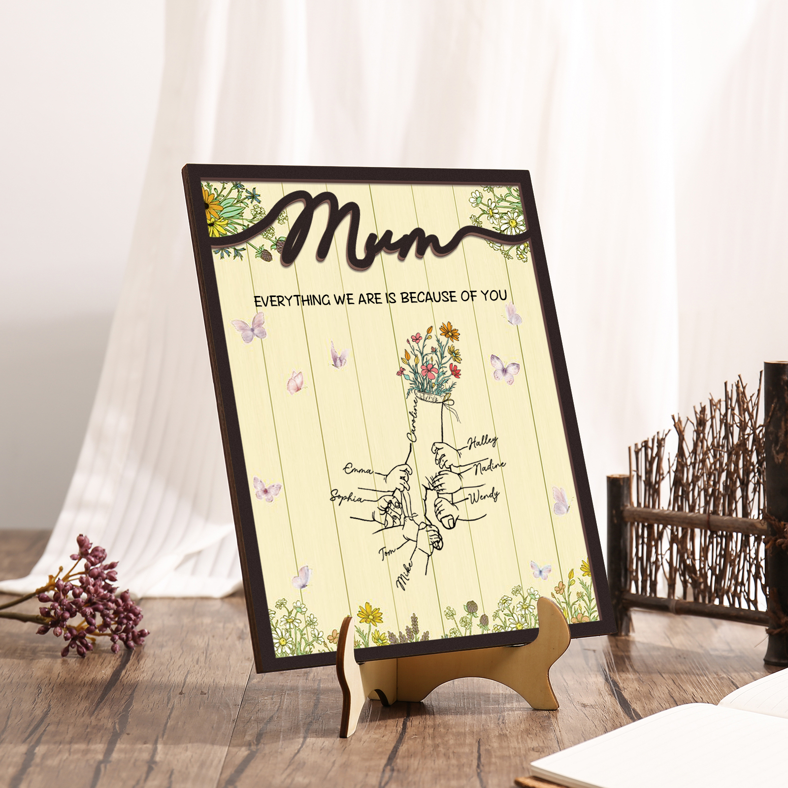Personalised 8 Names Wooden Plaque Holding Mum's Hand Desktop Decoration With Stand - EVERYTHING WE ARE IS BECAUSE OF YOU-Jessemade AU
