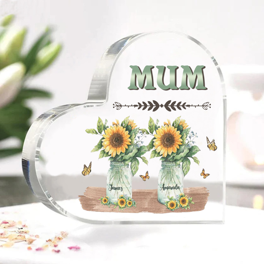 Personalised Acrylic Heart Keepsake Custom 2 Names & 1 Text Sunflower Vase Ornament Gifts for Mother/Grandma-Jessemade AU