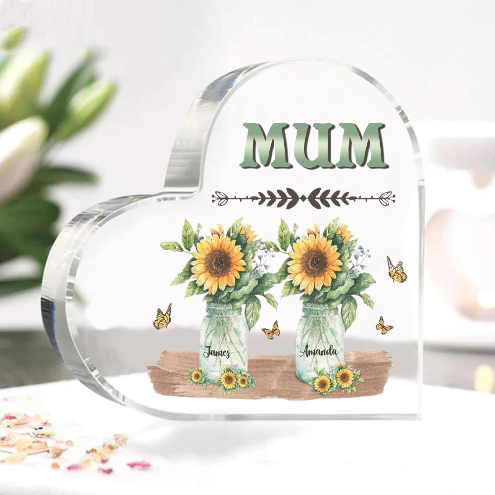 Personalised Acrylic Heart Keepsake Custom 2 Names & 1 Text Sunflower Vase Ornament Gifts for Mother/Grandma-Jessemade AU