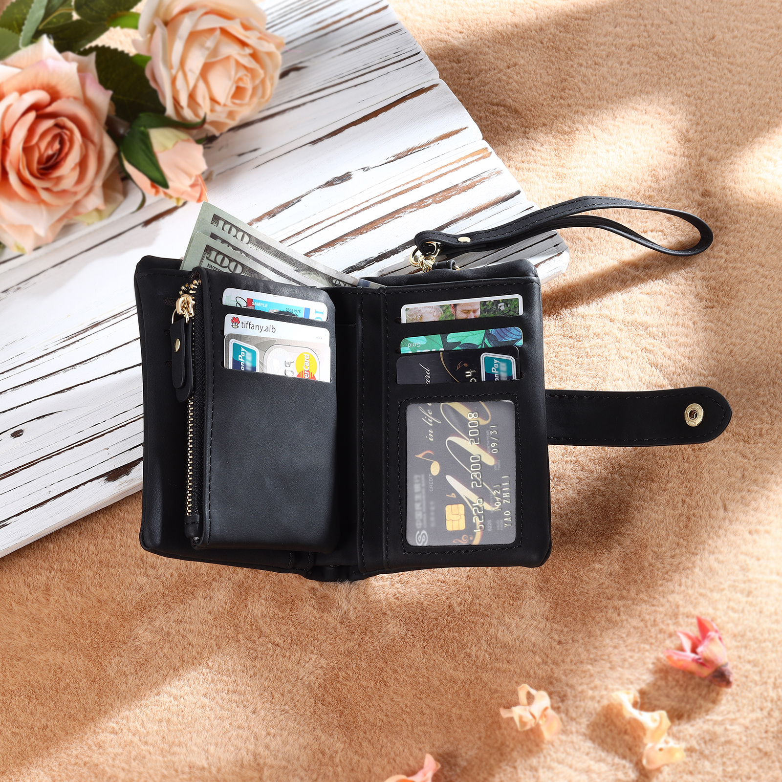 Personalised Women's Leather Wallet Custom Birthday Flower & Name & Photo Wallet Gift for Her