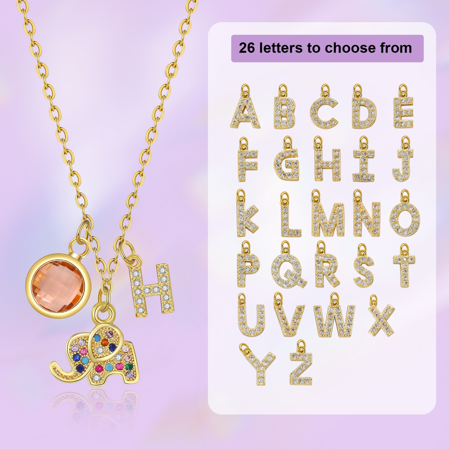 Back To School Personalised Elephant Necklace Custom Birthstone and Initial Necklace-Jessemade AU