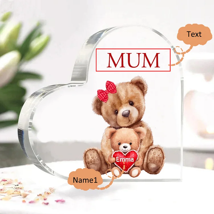1 Name - Personalised Acrylic Heart Keepsake Custom Text Teddy Bear Ornaments Gifts for Grandma/Mother-Jessemade AU