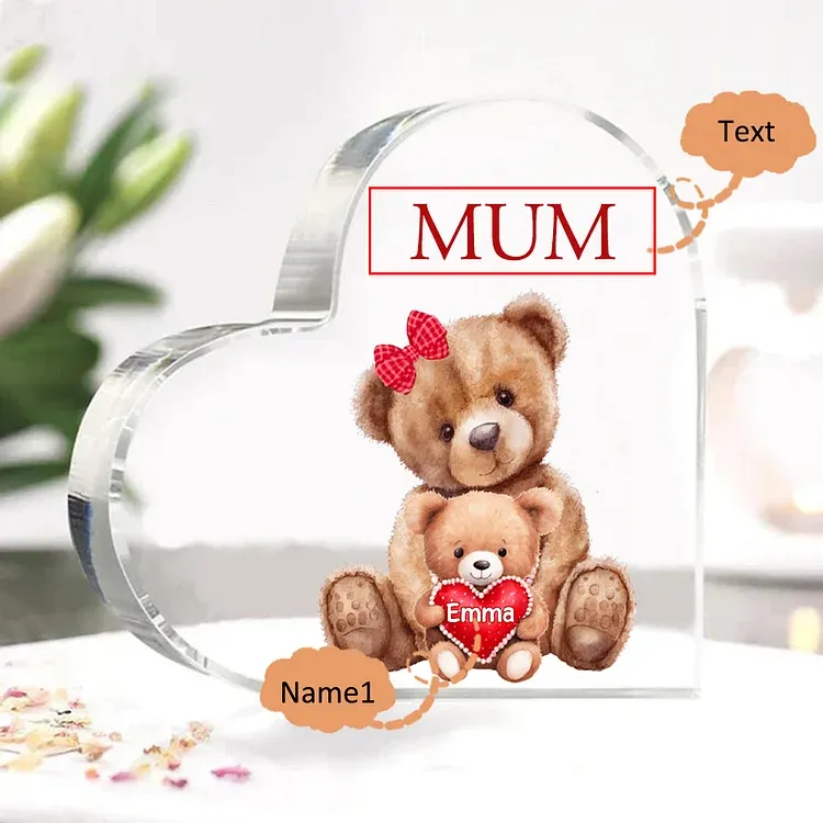 1 Name - Personalised Acrylic Heart Keepsake Custom Text Teddy Bear Ornaments Gifts for Grandma/Mother-Jessemade AU