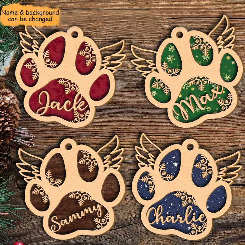 Angel Wings Pet Paw Ornament Personalised Name Wooden Ornament Memorial Gift-Jessemade AU