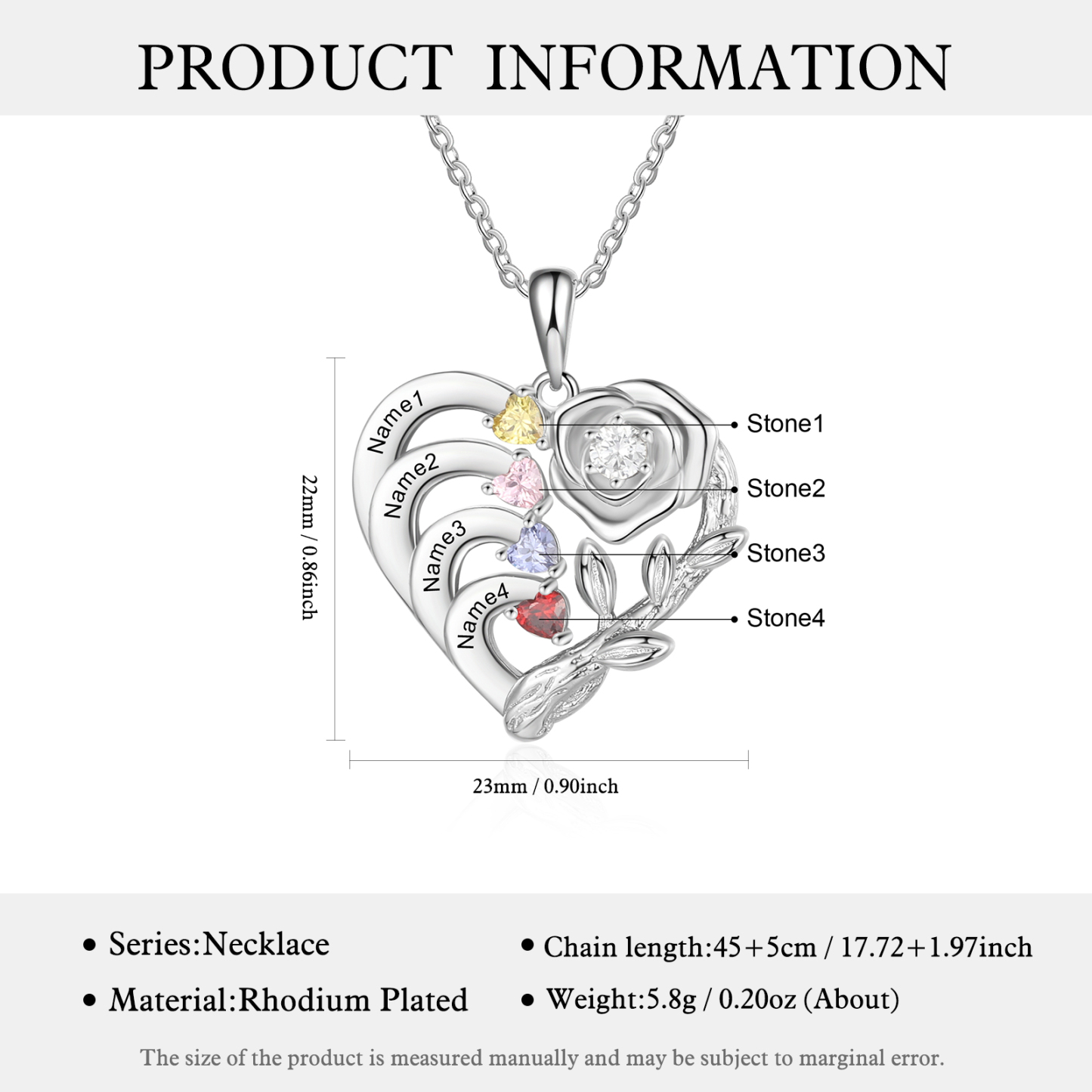 Personalised Mother Rose Necklace 4 Stones Engraved 4 Names Birthstone Intertwined Heart Pendant for Mum-Jessemade AU