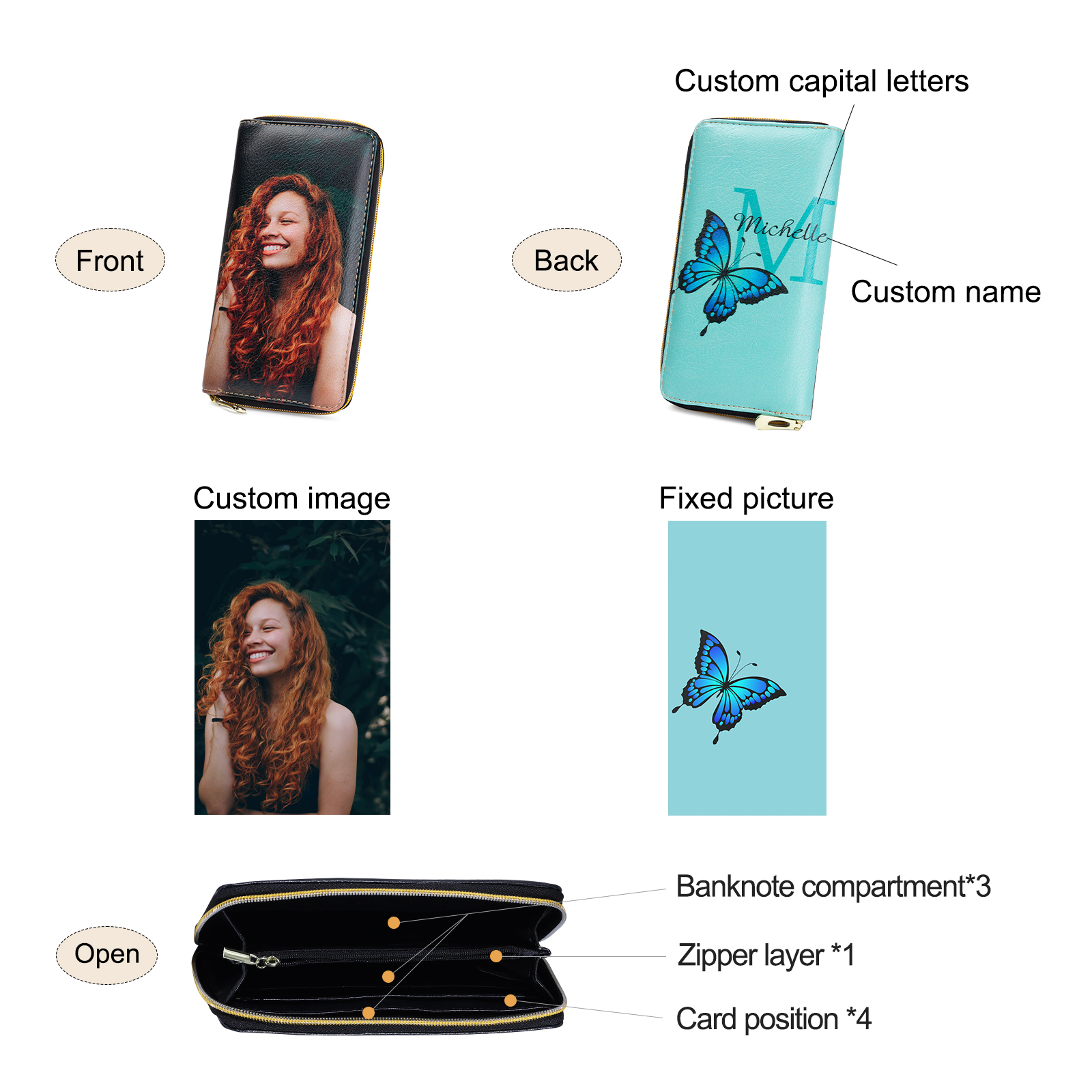 Long Purse Personalised Butterfly Leather Wallet Engraved 1 Photo Zip Wallet Gifts for Her-Jessemade AU