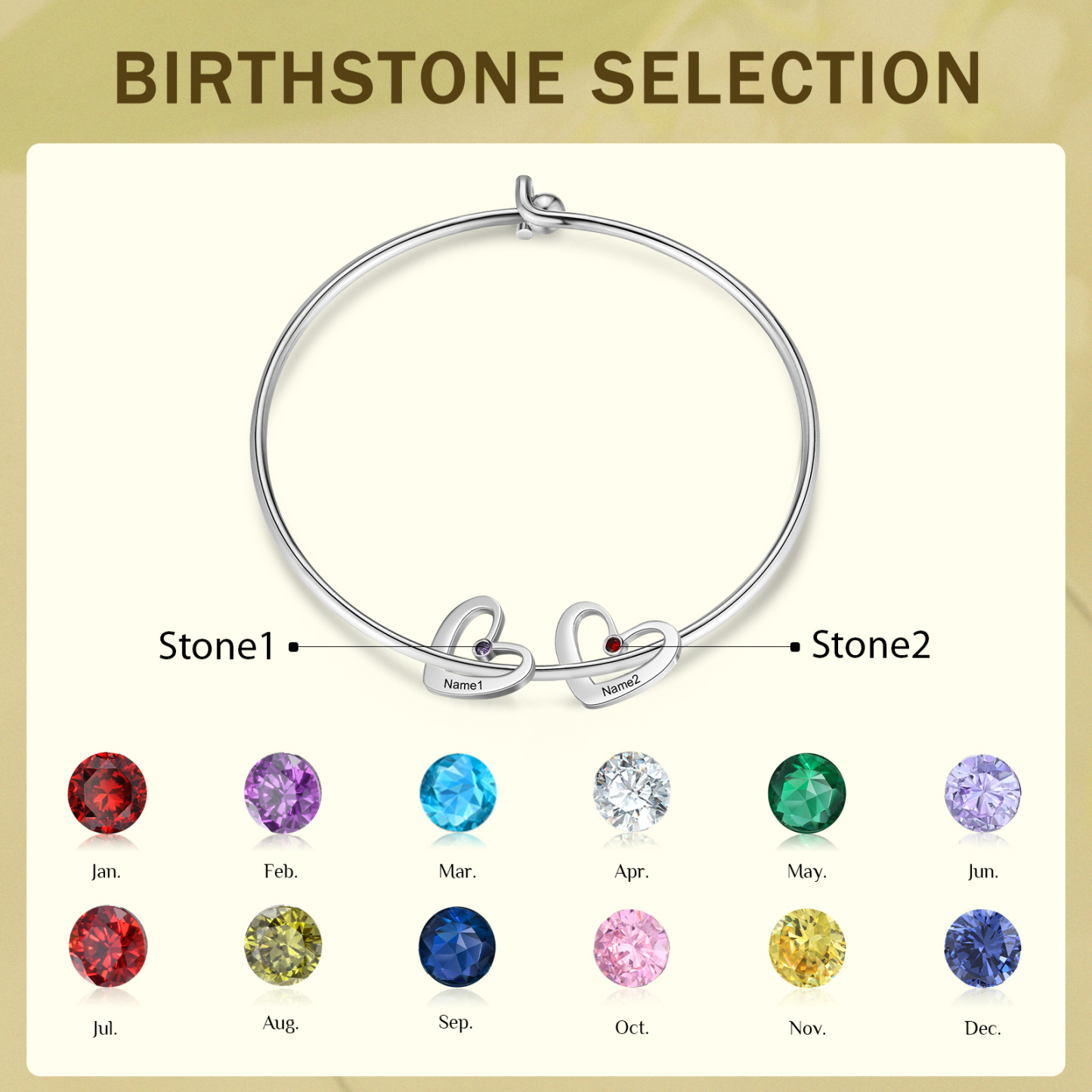 Personalised Heart Bangle With 2 Names and Birthstones Bangle Bracelet Mother's Day Gifts For women-Jessemade AU