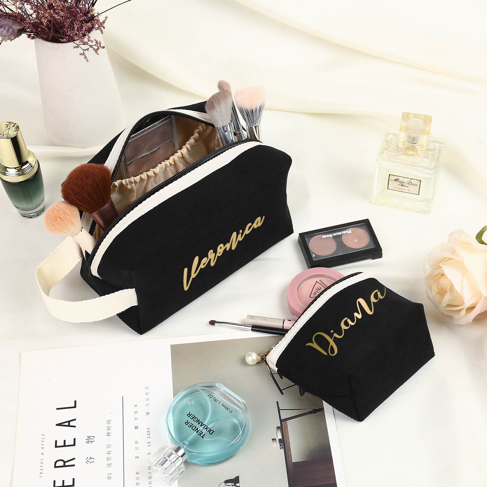 A Set Personalised Name Cosmetic Bag Custom Makeup Bag Zipper Storage Bag Gifts for Ladies Girls-Jessemade AU
