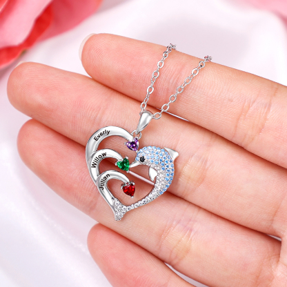 Personalised Heart Dolphin Necklace With 4 Birthstones Engraved Names Gift For Mum-Jessemade AU