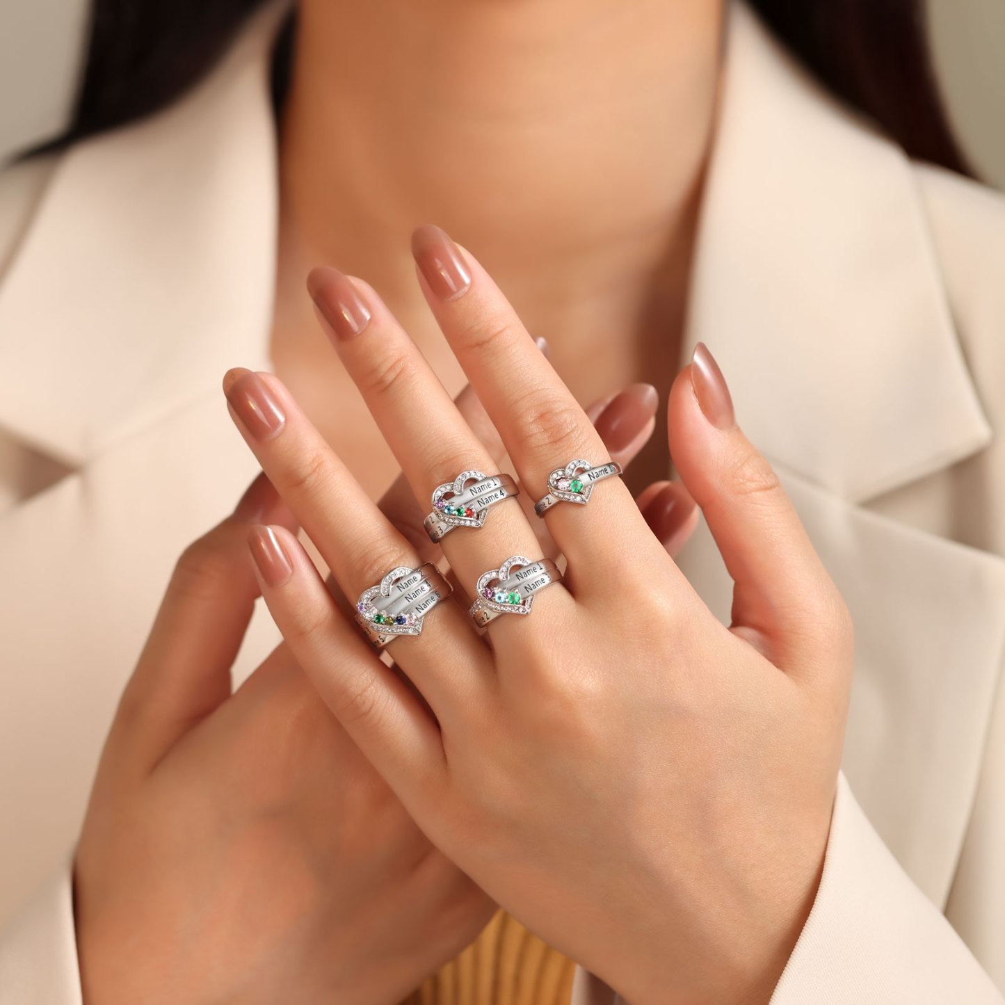 Personalised Heart Ring With 2 Birthstones Engraved Names Ring Gift For Women-Jessemade AU