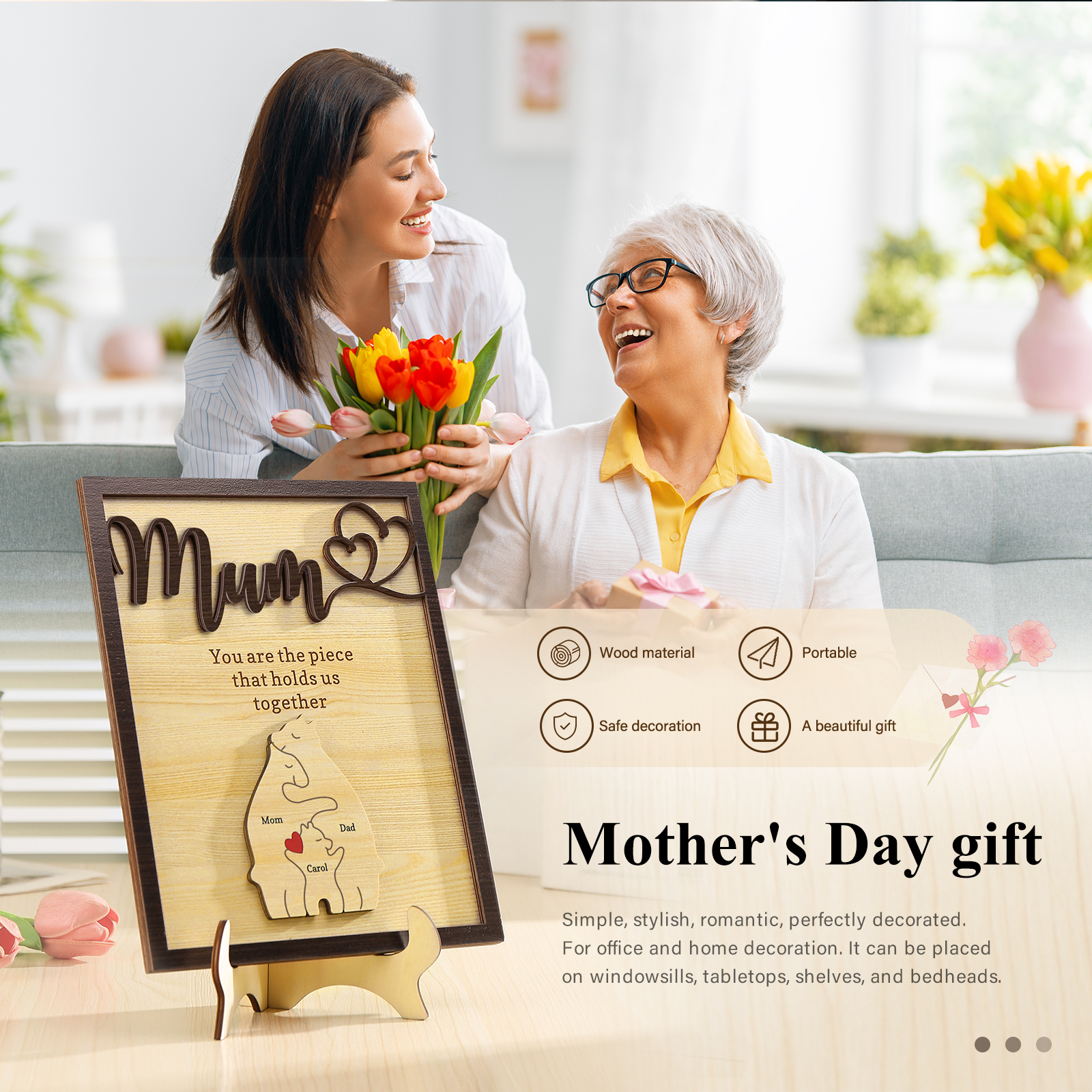 Personalised Bear Puzzle Pieces Wooden Plaque Custom 3 Names Family Ornament With Stand Gifts for Mum - You Are The Piece That Holds Us Together-Jessemade AU