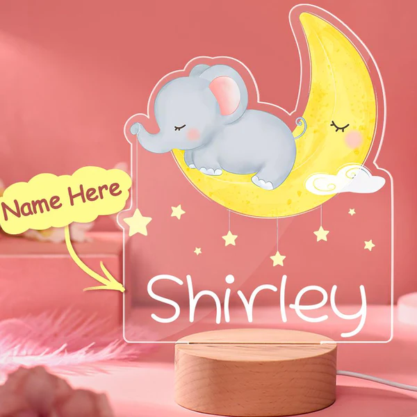 Personalised Moon Elephant Night Light Custom Name LED Lamp for Kids-Jessemade AU