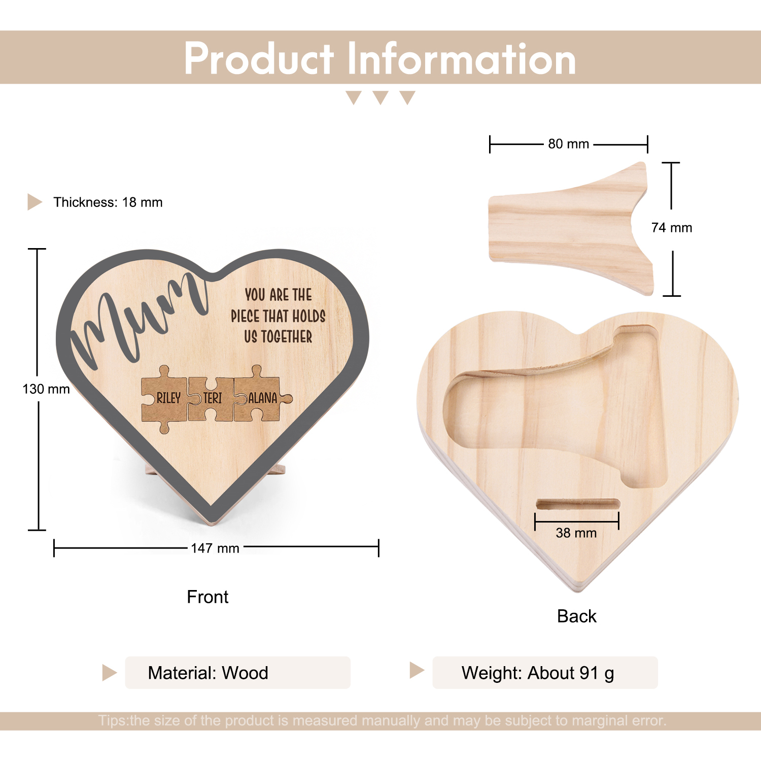 To Mum Personalised Wooden Puzzle Heart Keepsake Desktop Ornament Custom 3 Names Mothers Gifts-Jessemade AU