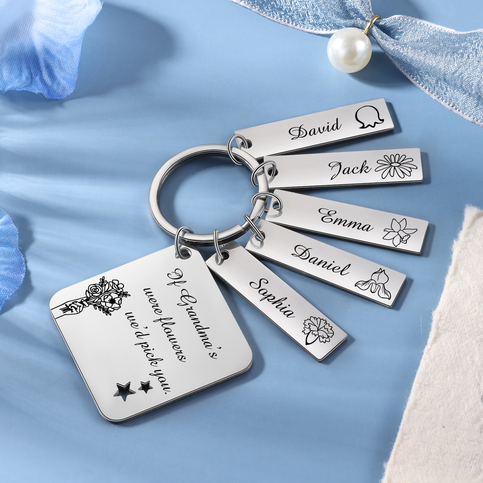 Personalised 5 Names & 5 Birth Flowers Keychain Custom Text Family Keychain Gifts for Mother/Grandma-Jessemade AU