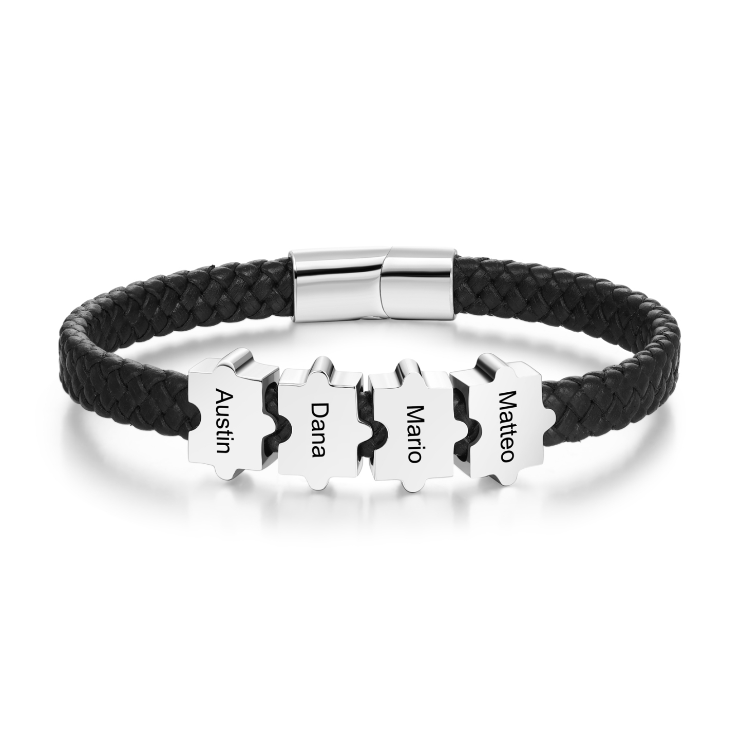Custom Family Puzzle Bracelet Engrave 4 Names Leather Bracelet For Father-Jessemade AU