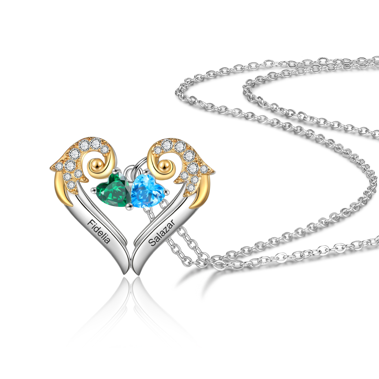 Personalised Heart Wings Necklace With 2 Birthstones Engraved Names Best Gift For Her-Jessemade AU