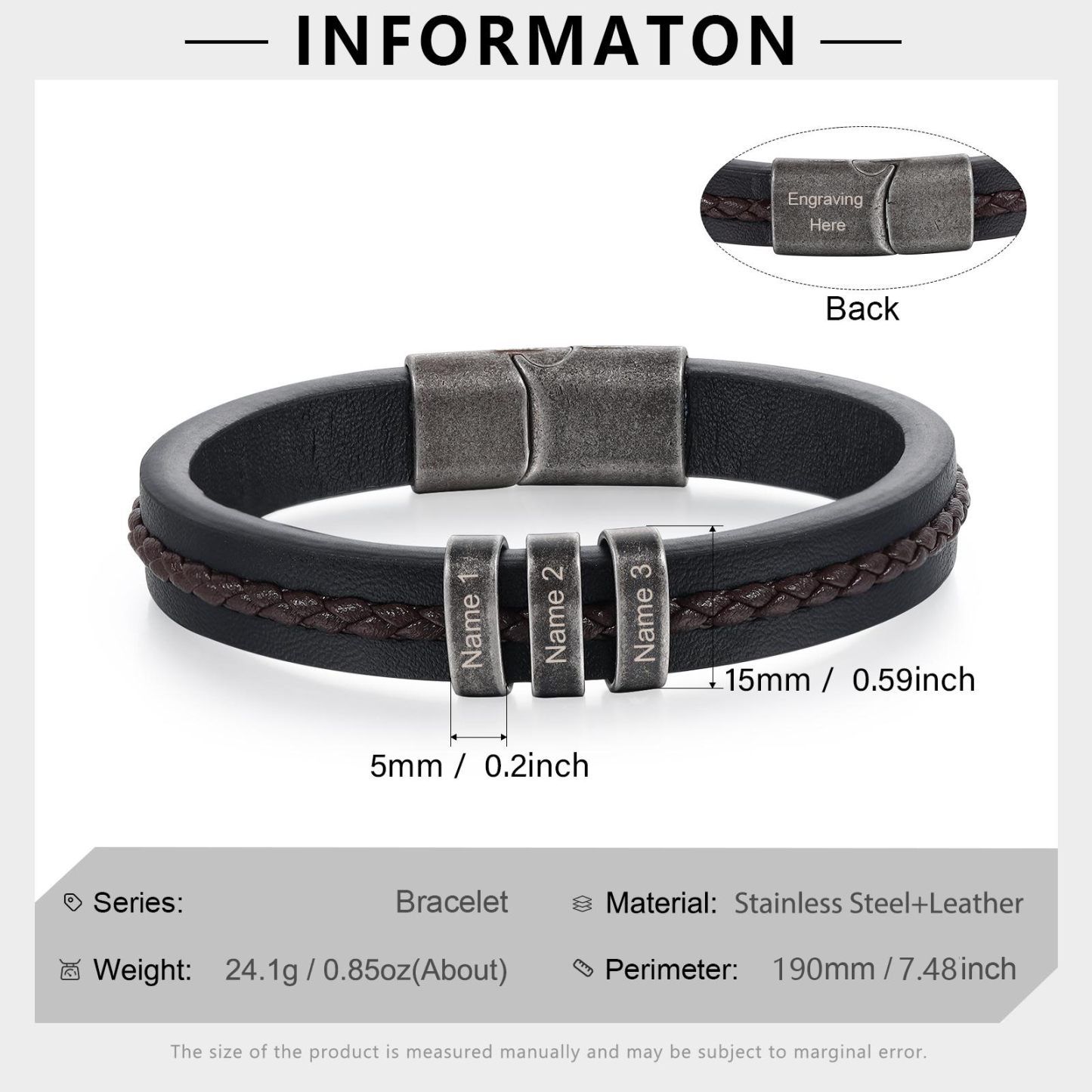 3 Names - Personalised Men's Leather Bracelet Custom Text Beaded Bracelets Vintage Gift for Him