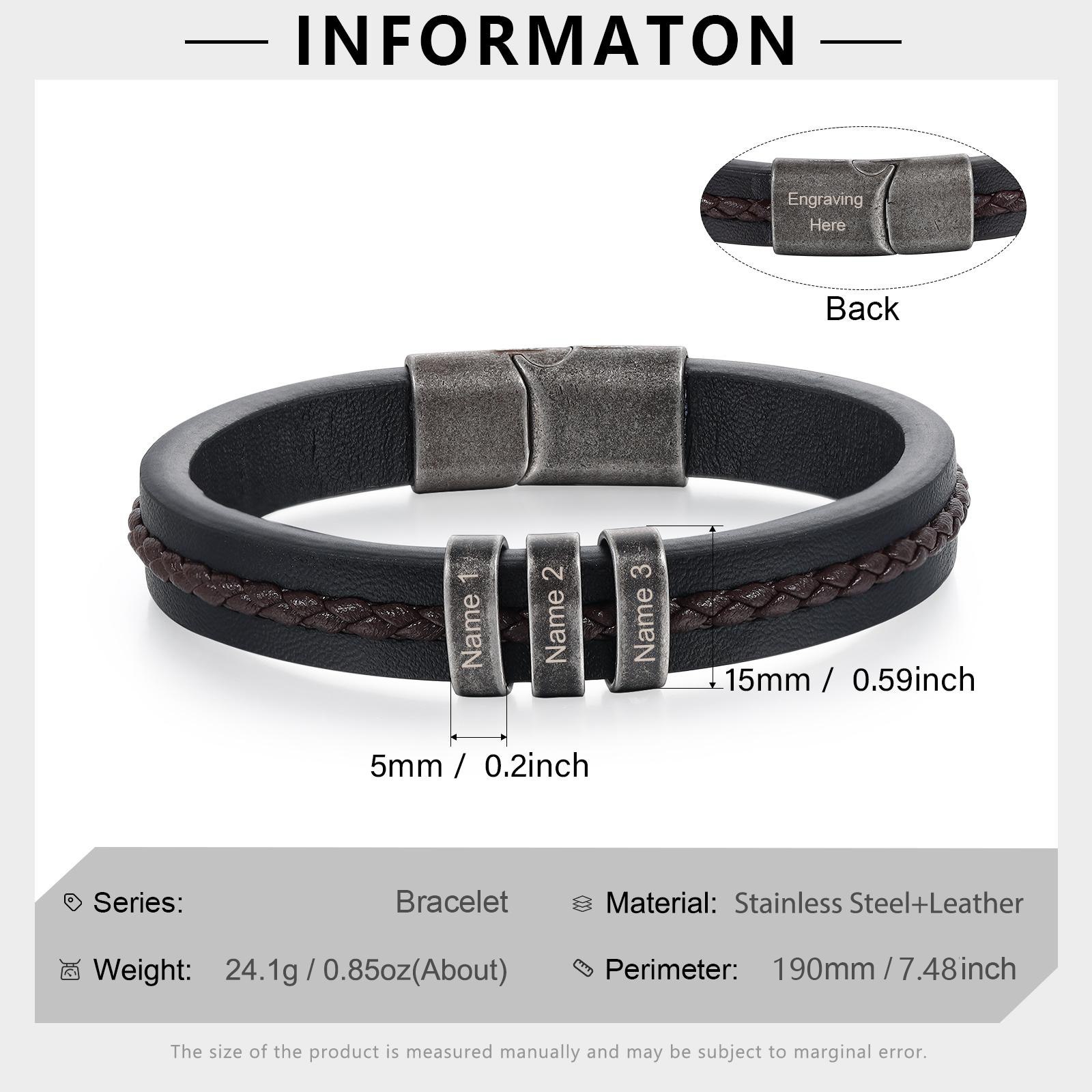 3 Names - Personalised Men's Leather Bracelet Custom Text Beaded Bracelets Vintage Gift for Him