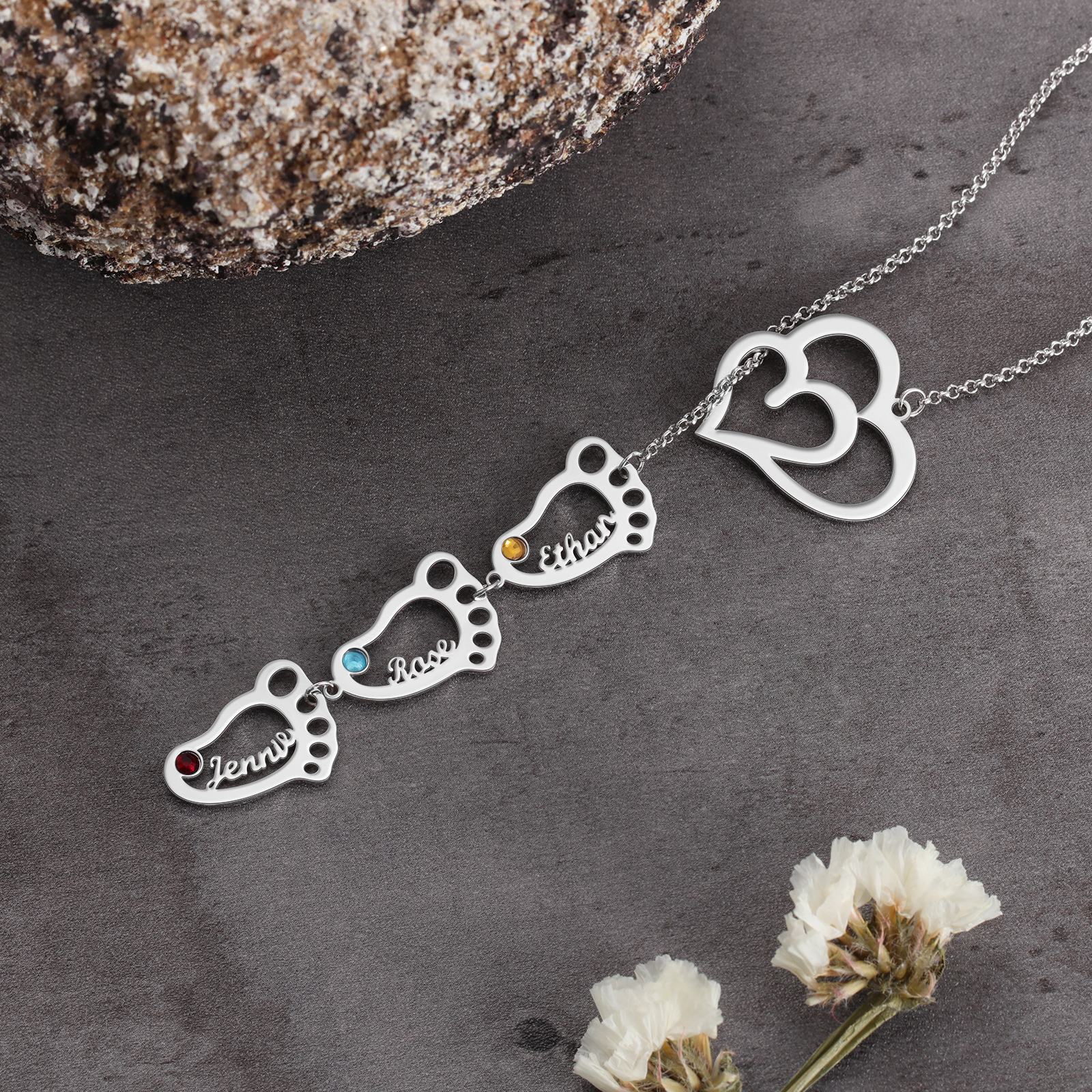 Personalised Baby Foot Necklace With Birthstones Custom 3 Names Necklace Gift For Mother-Jessemade AU