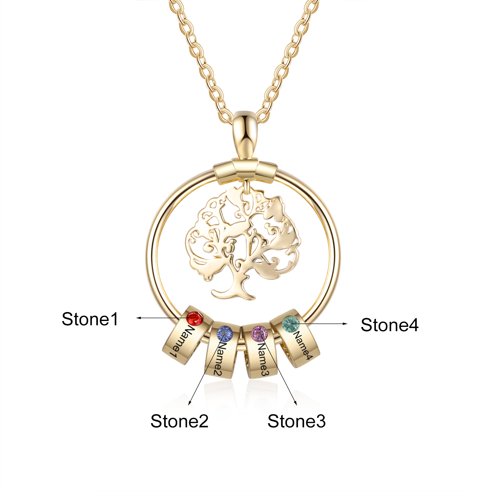 Personalised Family Tree Necklace With 4 Birthstones Engraved Names Gift For Mother-Jessemade AU