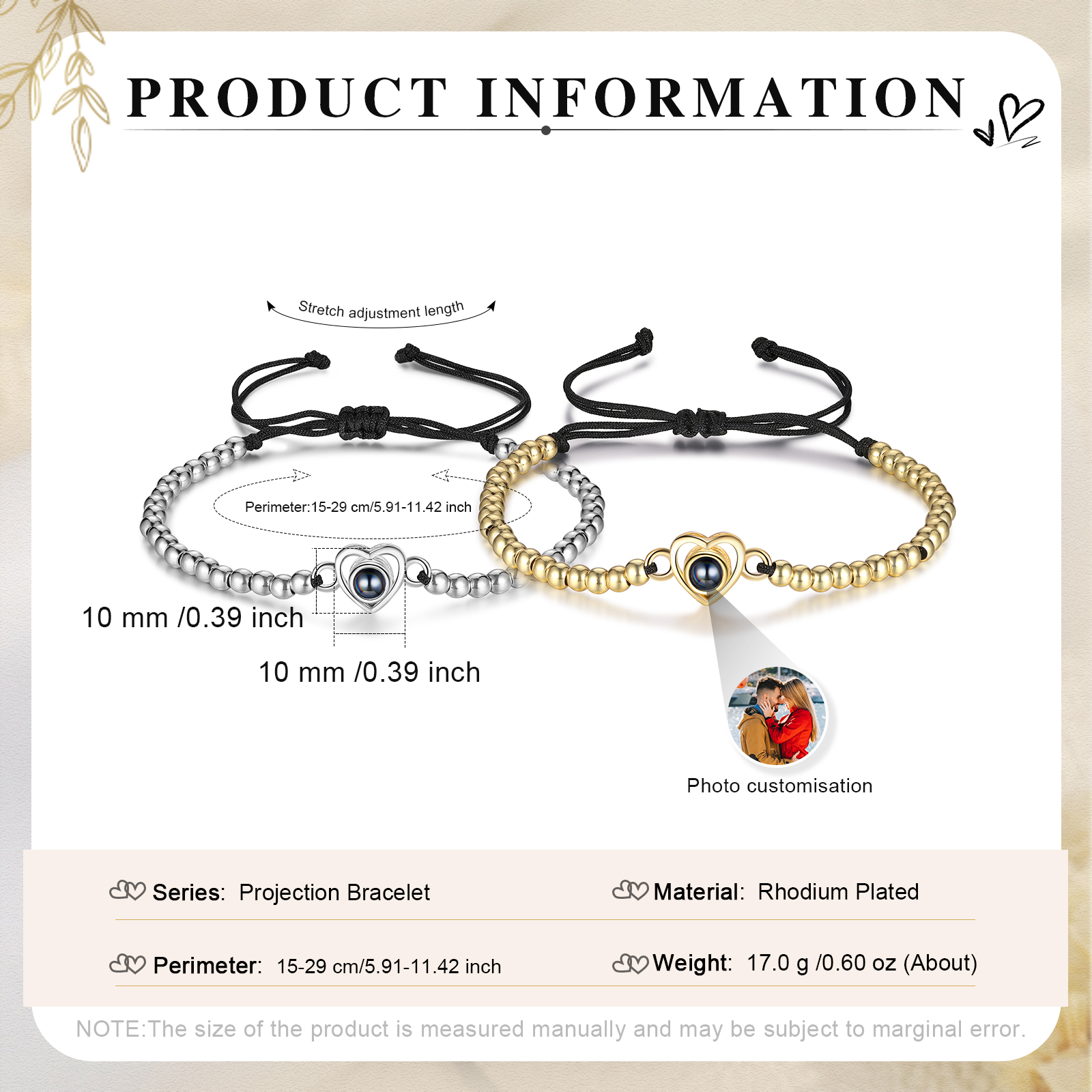 2 PCS Personalised Couple Projection Bracelet Customised 1 Photo Adjustable Bracelet Special Gift For Her/Him-Jessemade AU