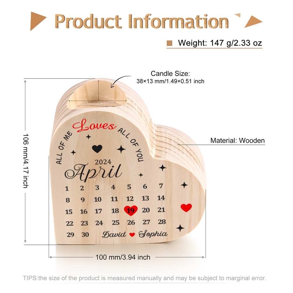 Personalised Heart Candle Holder Custom 2 Names & Date Wooden Calendar Candlesticks Anniversary Gift for Couples -Jessemade AU