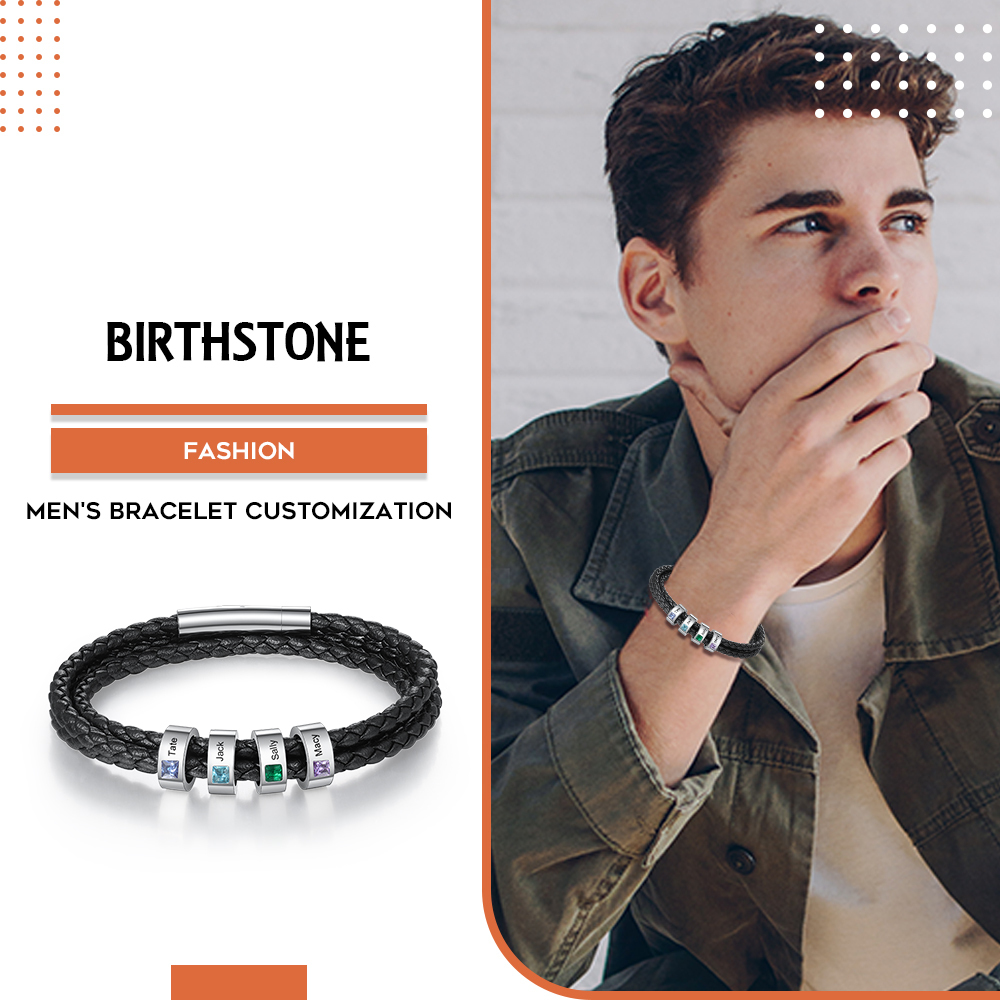 Personalised 3 Layer Leather Bracelet with 4 Beads Engraved Names Men's Bracelets for Him-Jessemade AU