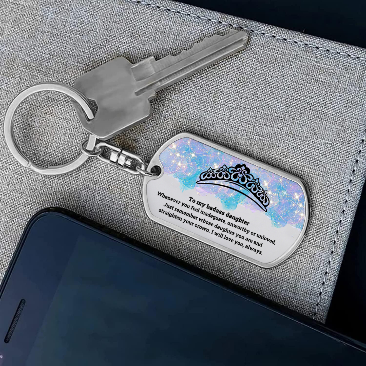 To My Badass Daughter Crown Keychain Custom Name Stainless Steel Keyring "I Will Love You Always"-Jessemade AU