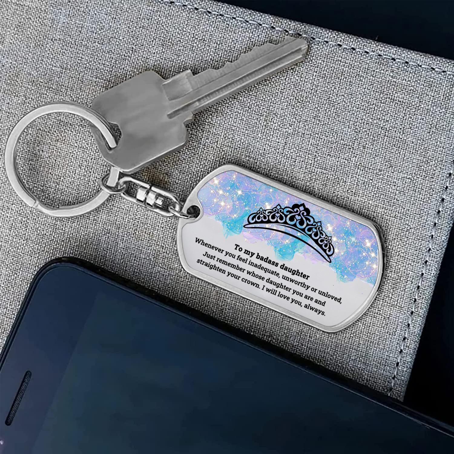 To My Badass Daughter Crown Keychain Custom Name Stainless Steel Keyring "I Will Love You Always"-Jessemade AU