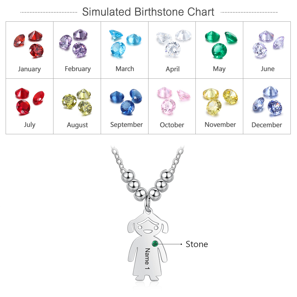 Personalised Kids Charm Necklace With 1 Birthstone Engraved Names Gift For Mother-Jessemade AU