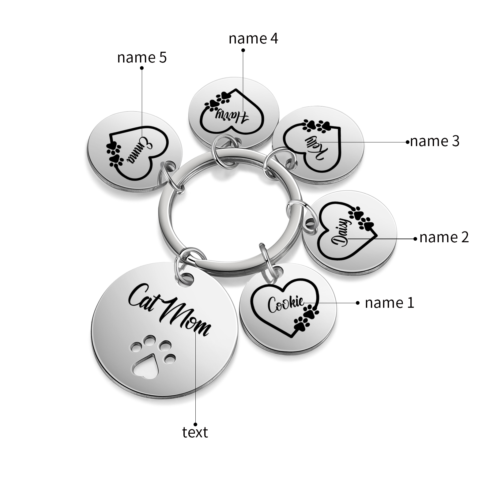Personalised 5 Names & 1 Text Keychain Cat Paw Circle Charm Keychain Gift for Mother/Grandma-Jessemade AU
