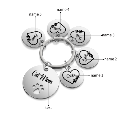 Personalised 5 Names & 1 Text Keychain Cat Paw Circle Charm Keychain Gift for Mother/Grandma-Jessemade AU
