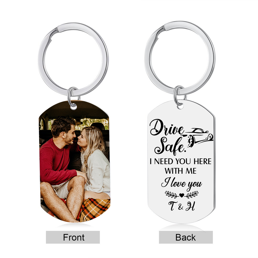 Personalised Couple Photo Keychain Custom 2 Letters Keyring “Drive Safe I Need You Here With Me” Valentine's Day Gift For Couples-Jessemade AU