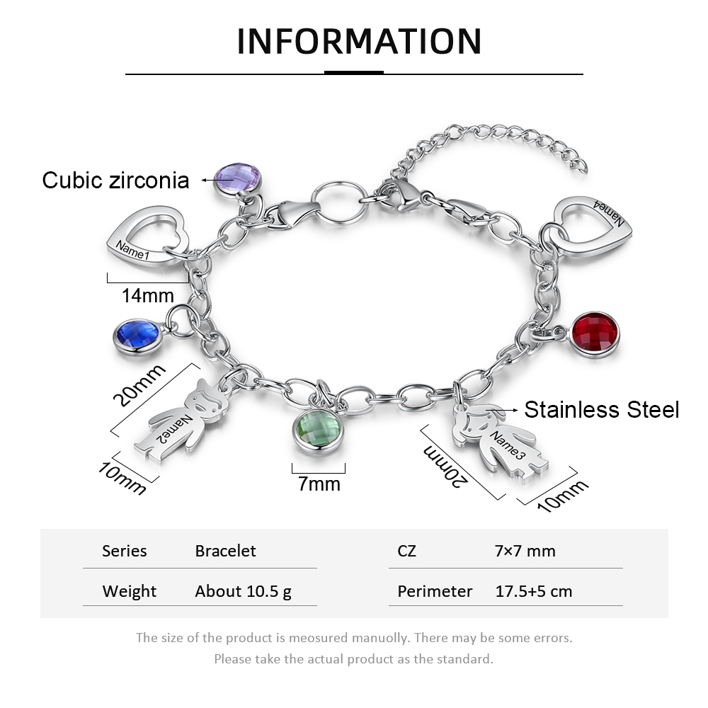 Personalised Kids Charm Bracelet With 3 Birthstones Engraved Names Bracelet Gift For Her-Jessemade AU