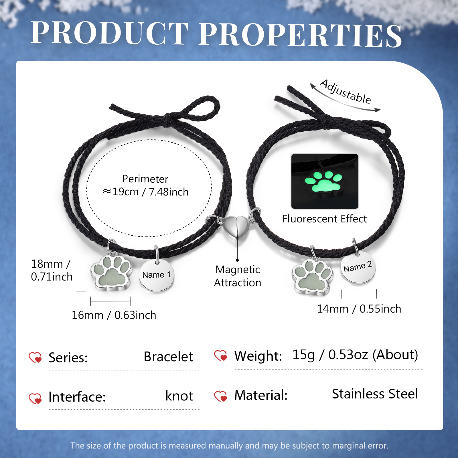 Personalised Couple Bracelets Engraved 2 Names Dog Paw Fluorescent Bracelet Magnetic Bracelet Gifts For Him/Her-Jessemade AU