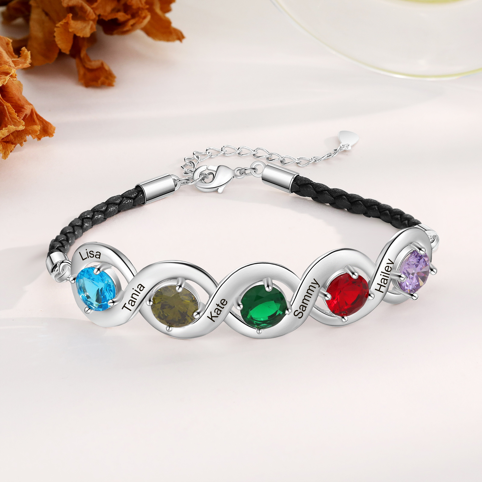 Personalised Infinity Bracelets Custom 5 Birthstones & 5 Names Adjustable Bracelet Gift for Her-Jessemade AU