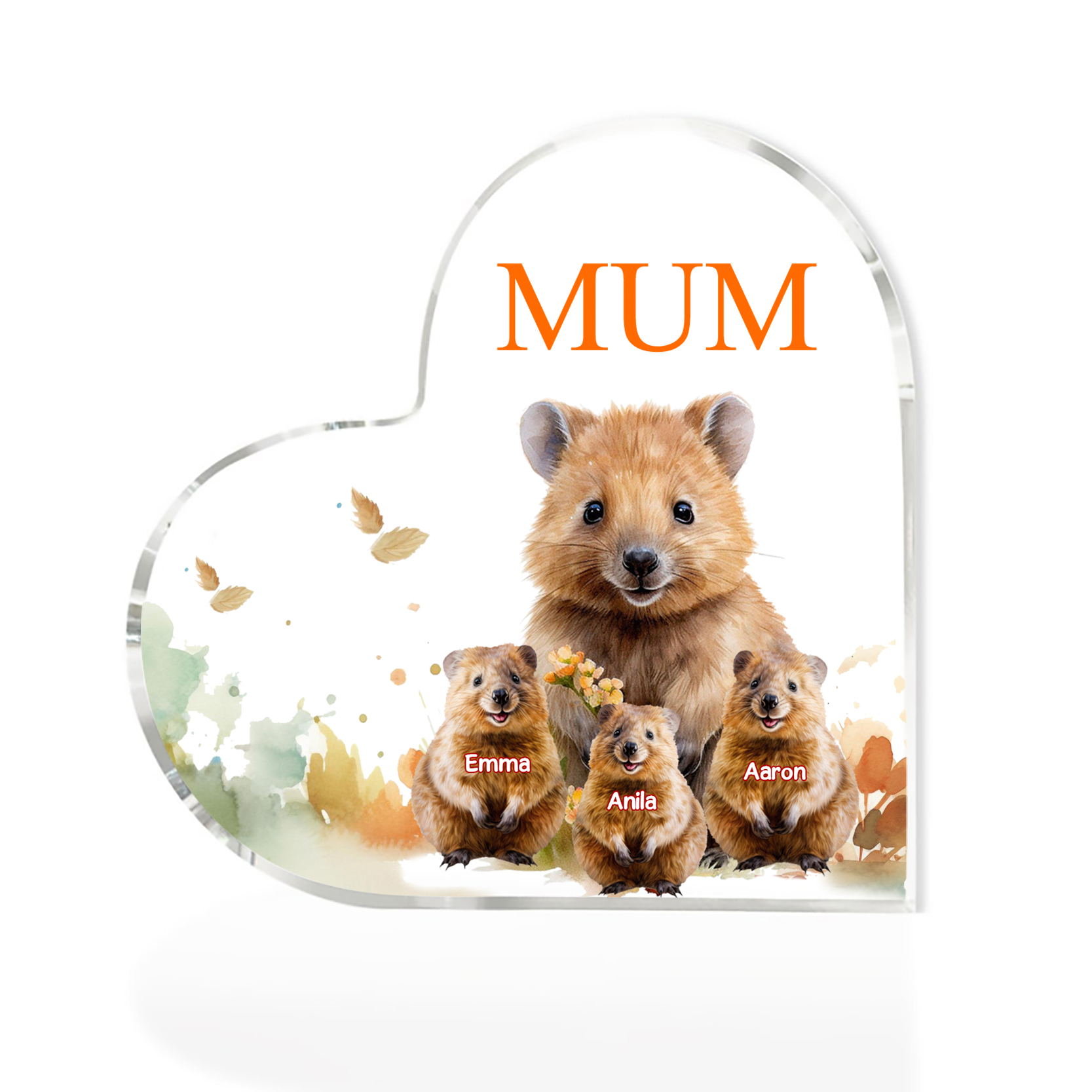 Personalised Acrylic Heart Keepsake Custom 1 Text & 3 Names Ornament Quokka Family Gift for Mother/Grandma-Jessemade AU