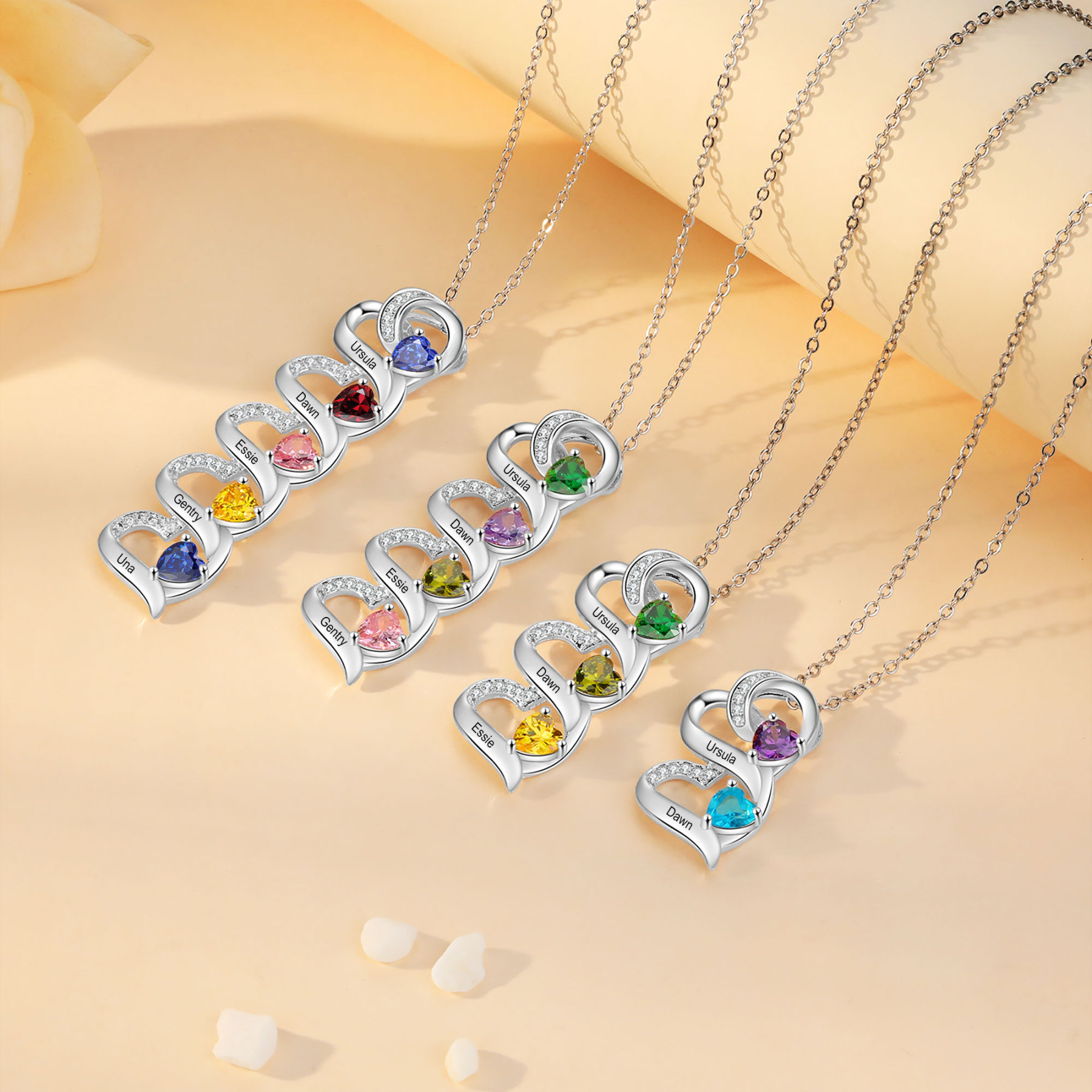 Personalised Heart Pendant Necklace Custom 5 Birthstones & 5 Names Necklace Gifts for Her-Jessemade AU