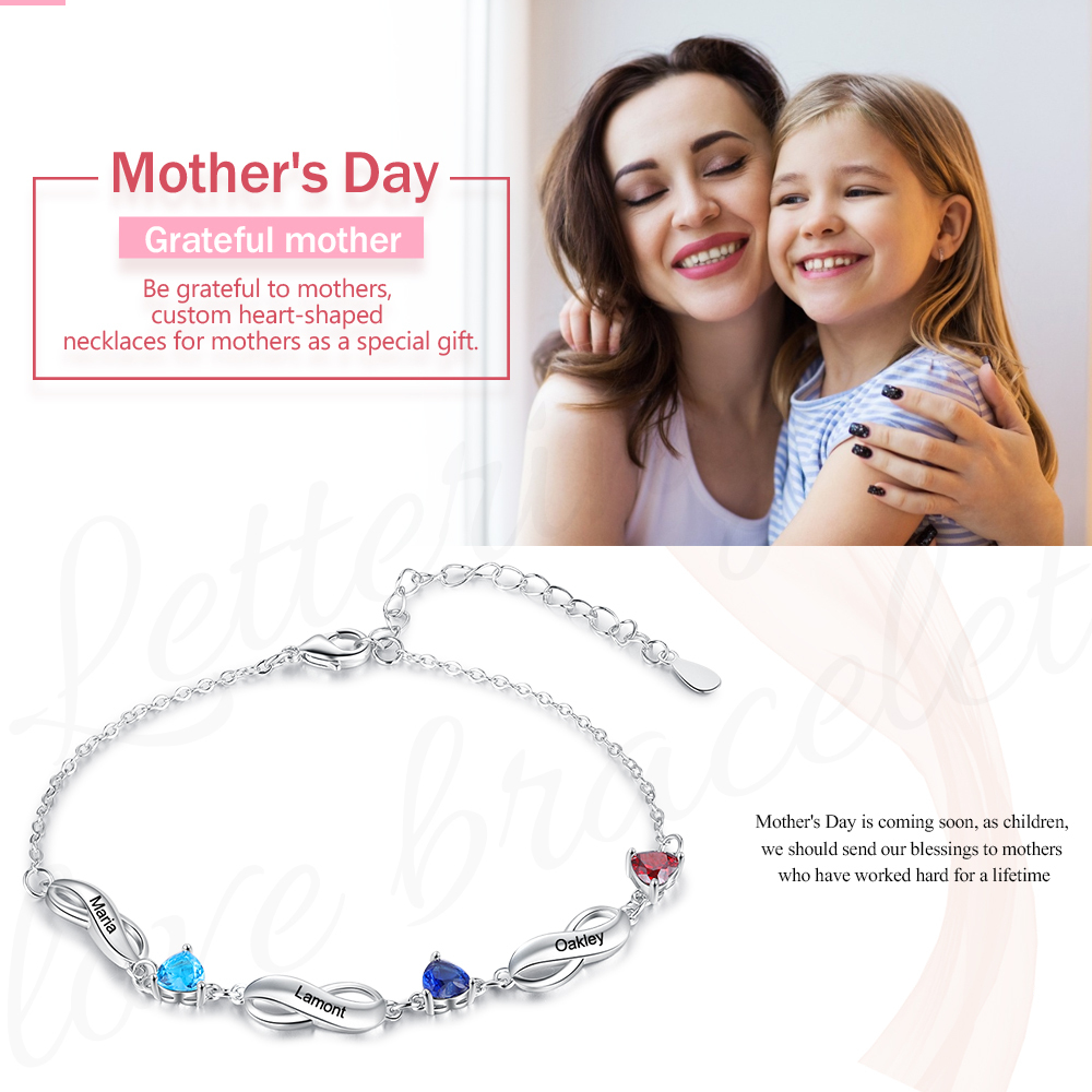 Personalised Infinity Bracelet With 3 Birthstones Engraved Names Bracelet Gift For Women-Jessemade AU