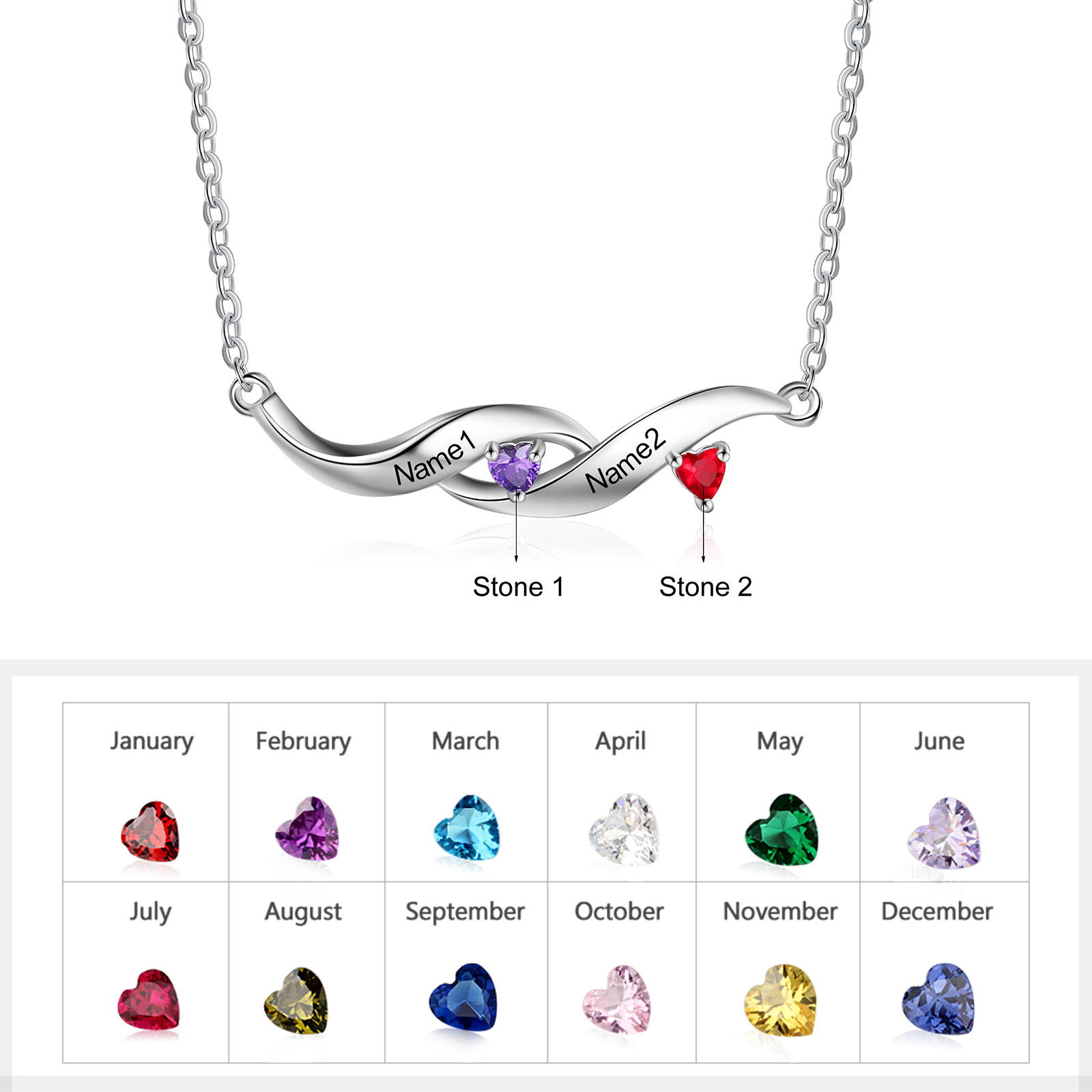 Customised Spiral Cascading Pendant Necklace with 2 Birthstones Engraving 2 Names Gifts for Her-Jessemade AU