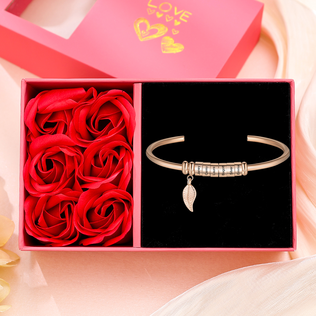 Women Bangle Bracelet with Leaf and Beads Engraved 6 Names Rose Gifts for Mother-Jessemade AU