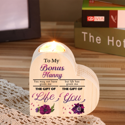 To My Bonus Nanny/Grandma/Nan Violets Heart Candlestick "Life Gave Me The Gift of You" Wooden Candle Holder-Jessemade AU
