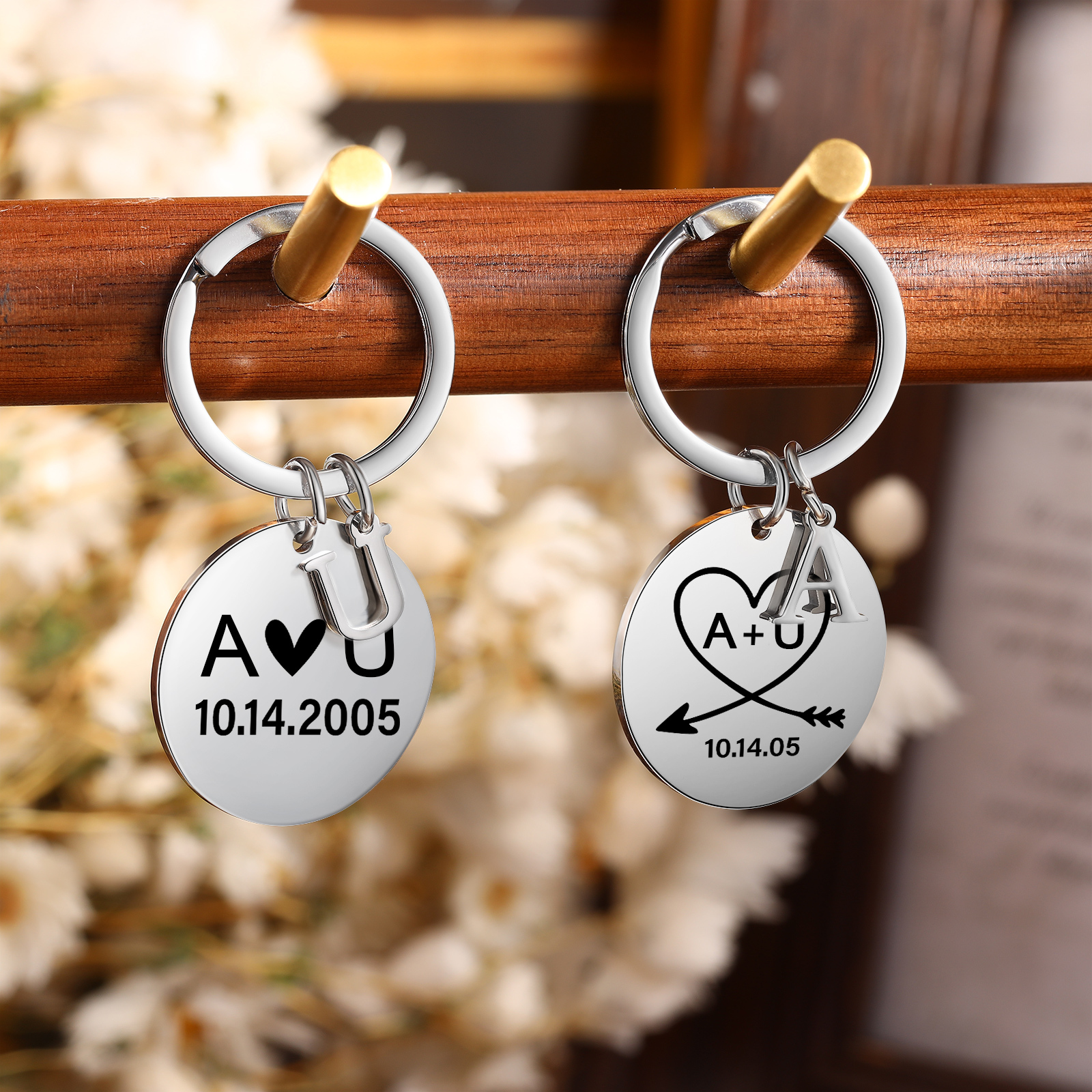 2 PCS Couple Keychains Custom 2 Letters and 2 Dates Keyring Valentine's Day Matching Couple Gift for Him/Her-Jessemade AU