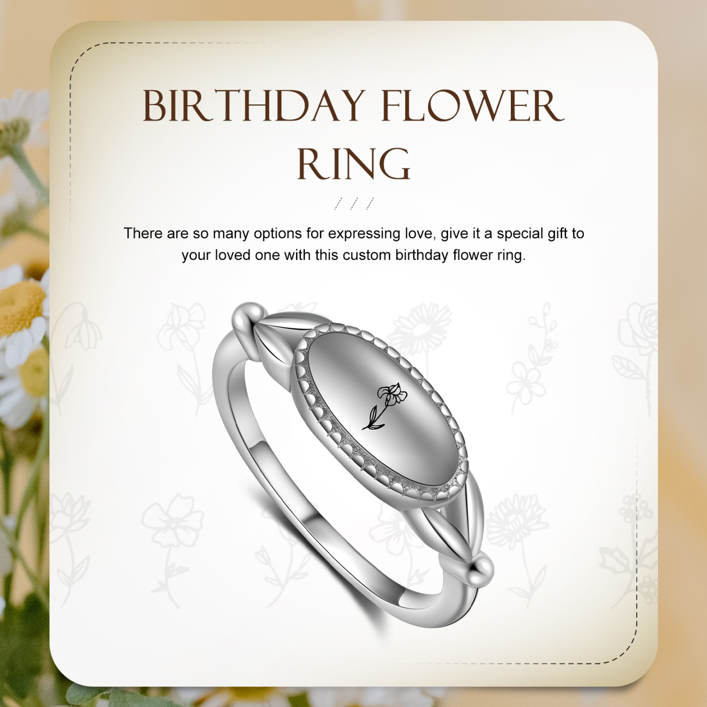 Customised 1-3 Birthflowers Ring Personalised Oval Plaque Ring Gifts for Her-Jessemade AU