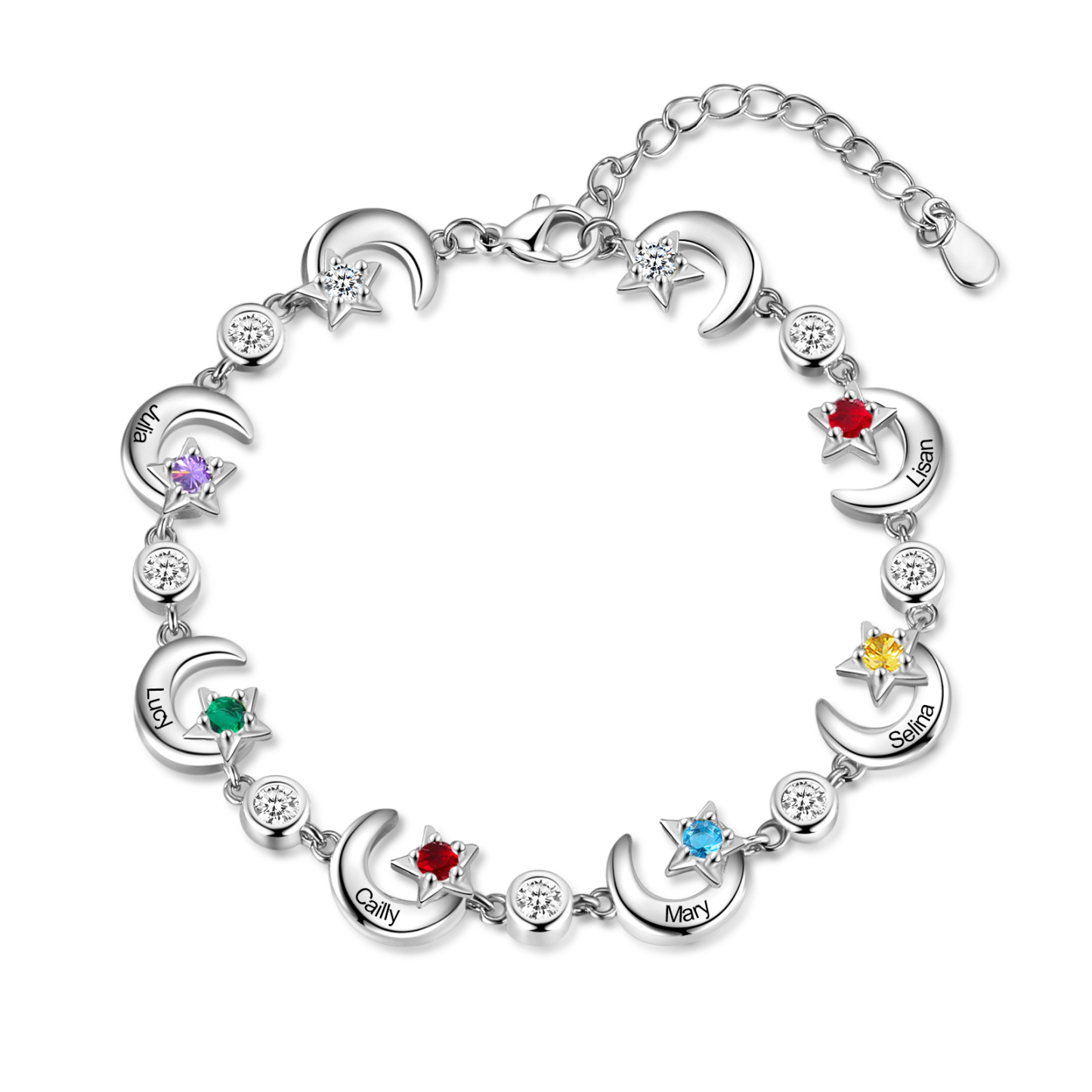 Personalised Moons And Stars Bracelet With 6 Birthstones Custom Names Bracelet Gift For Women-Jessemade AU