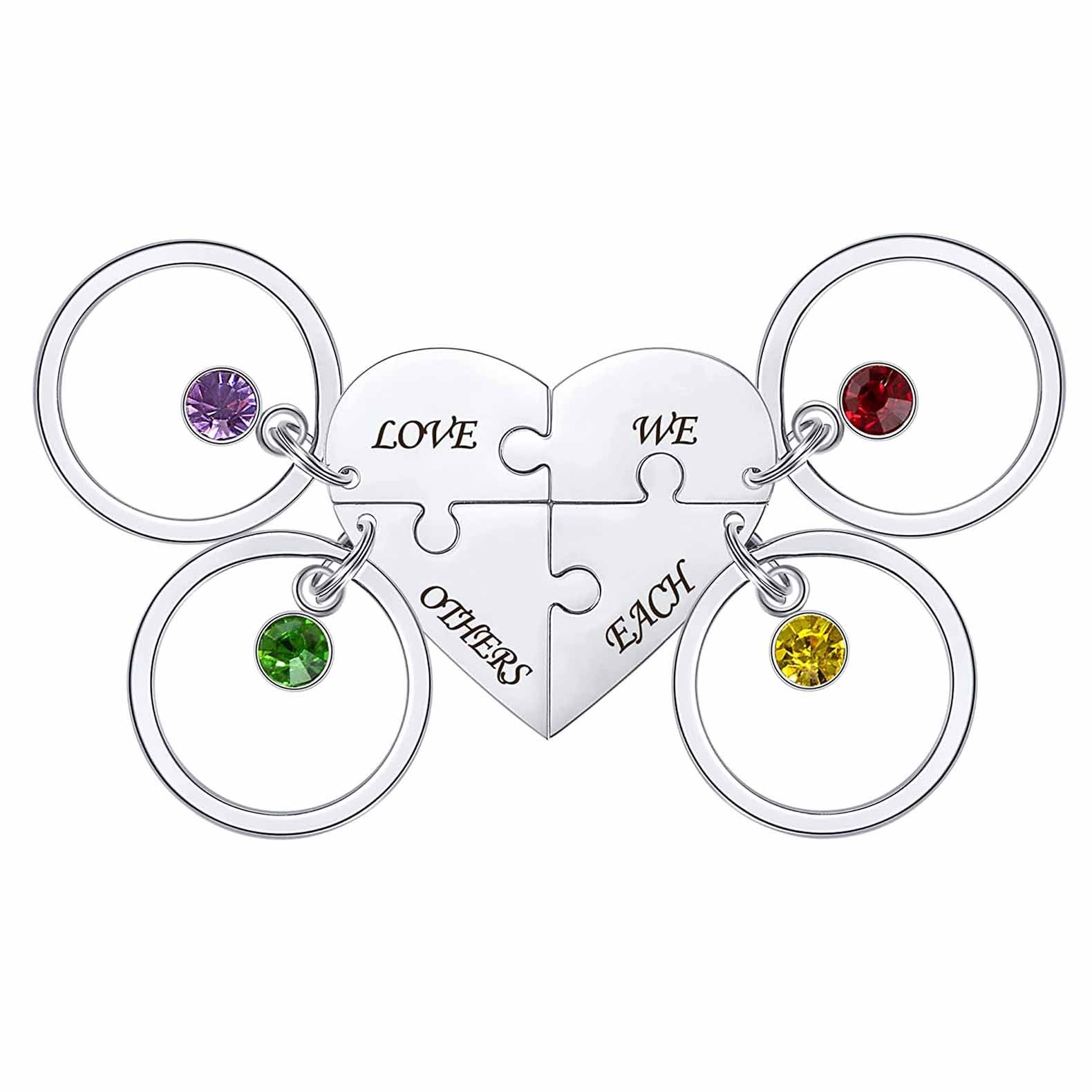 Personalised 4 Names Heart Puzzle Keychain with Birthstones Gifts for Family-Jessemade AU