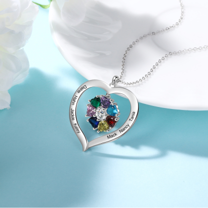 Personalised Heart Necklace with 7 Birthstones Engraved Names Family Necklace Gifts for Her-Jessemade AU