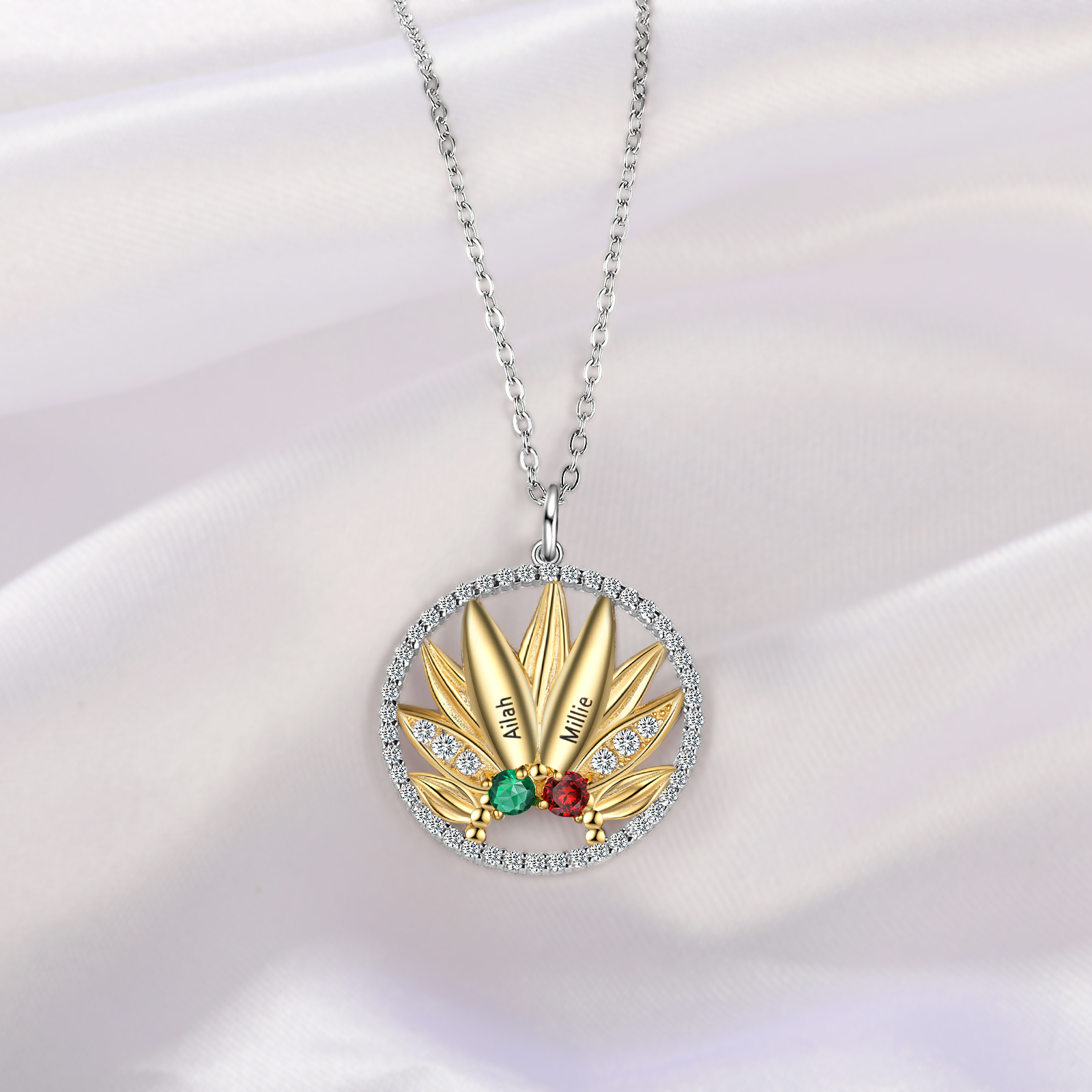 Personalised Sunflower Necklace With 2 Birthstones Engraved Names Necklace Gift For Women-Jessemade AU