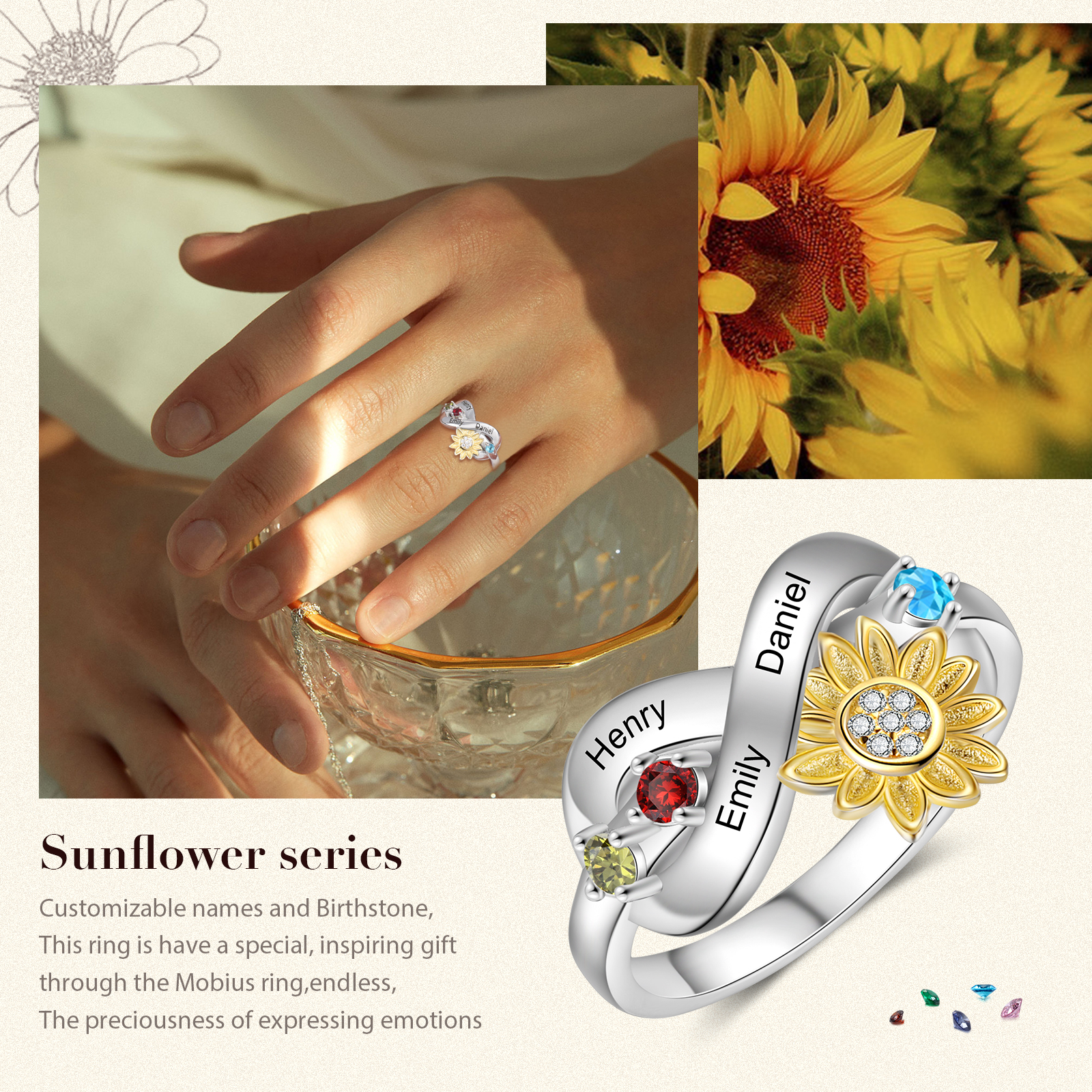 Personalised 3 Birthstones Sunflower Ring Engraved Names Infinity Ring Gifts For Her-Jessemade AU